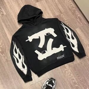 Black and White Graphic Sweatshirt with Flame Sleeves